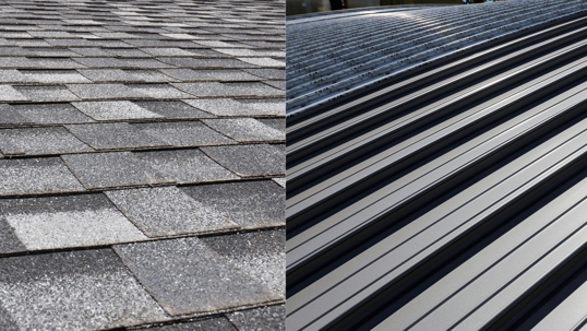 side by side comparison of shingle roofing and metal roofing
