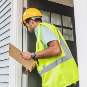 Man in yellow construction gear with inspection clipboard coming out of a house